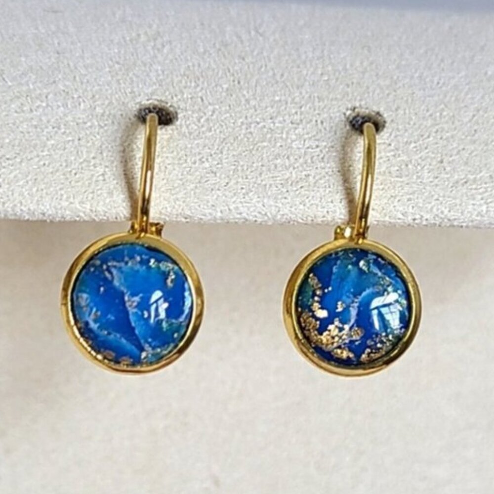 Elegant Hand Crafted Boho Blue Gold Gemstone Marble Circle Drop Dangle Earrings